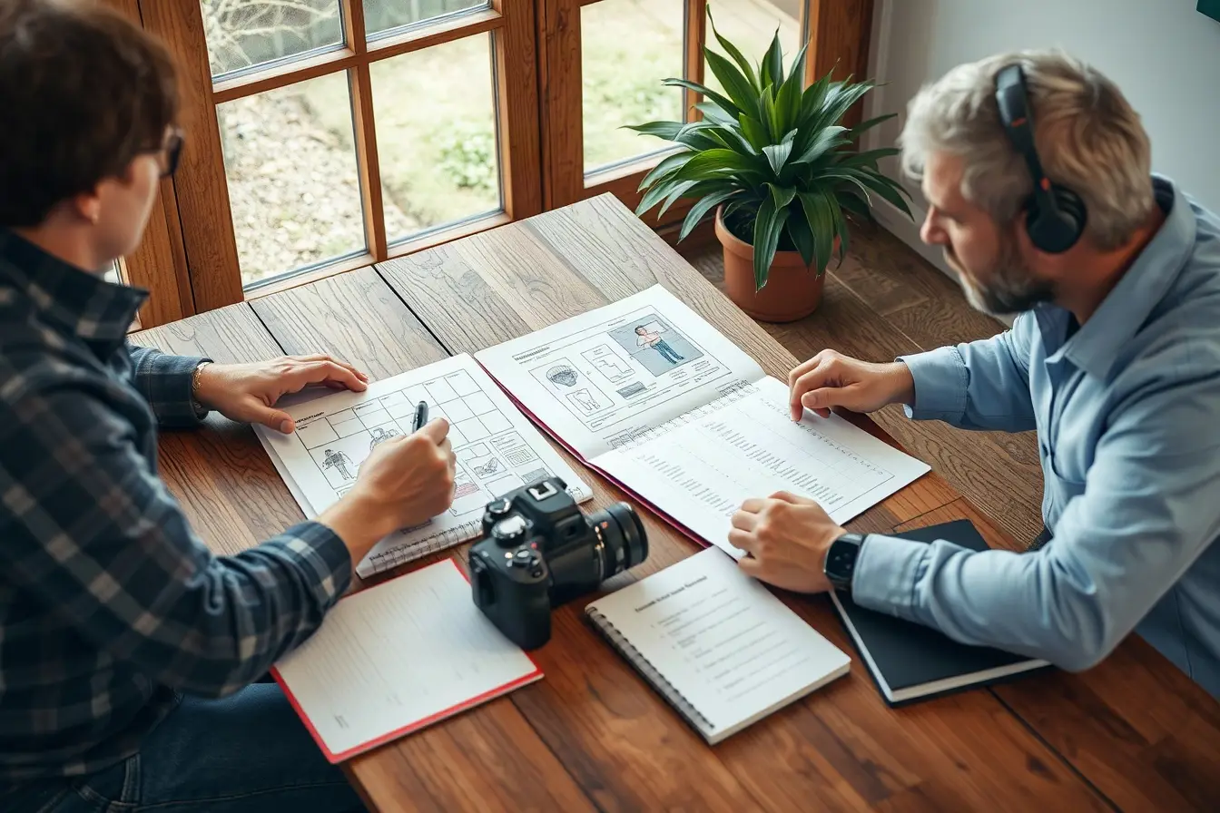 Creative producers reviewing a storyboard and shot list